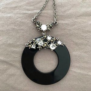 ONYX RHINESTONE Disc Necklace Silver Chain 16"